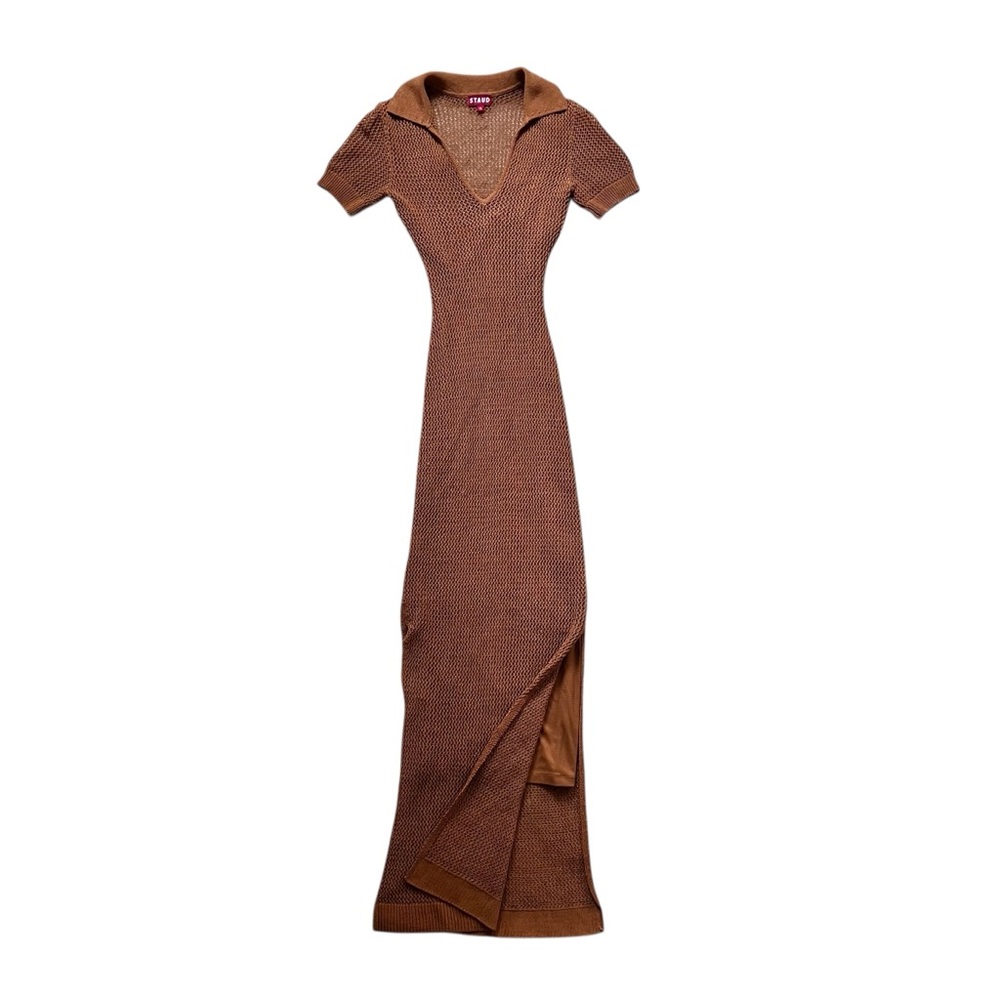 STAUD Brown Knit Polo-Collar Side Slit w/Slip Maxi Dress Size XS